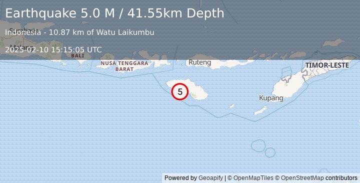 Earthquake Sumba Region, Indonesia (5.0 M) (2025-02-10 15:15:05 UTC)