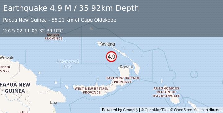 Earthquake New Ireland Region, Papua New Guinea (4.9 M) (2025-02-11 05:32:39 UTC)