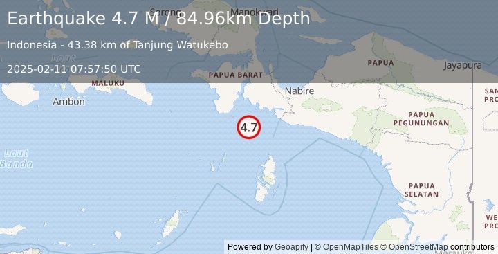 Earthquake West Papua Region, Indonesia (4.7 M) (2025-02-11 07:57:50 UTC)