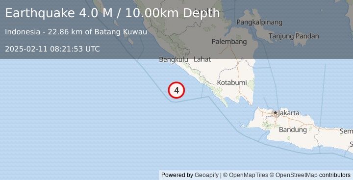 Earthquake Southern Sumatra, Indonesia (4.0 M) (2025-02-11 08:21:53 UTC)