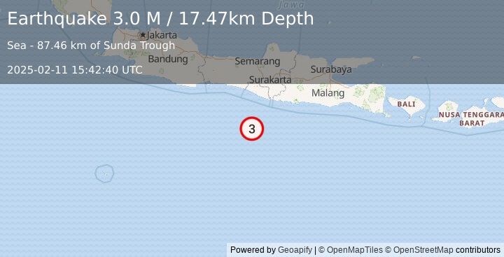 Earthquake South of Java, Indonesia (3.0 M) (2025-02-11 15:42:40 UTC)