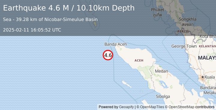 Earthquake Off West Coast of Northern Sumatra (4.6 M) (2025-02-11 16:05:52 UTC)