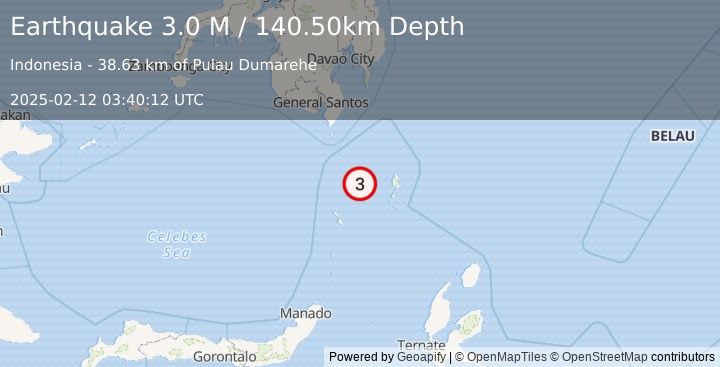 Earthquake Talaud Islands, Indonesia (3.0 M) (2025-02-12 03:40:12 UTC)