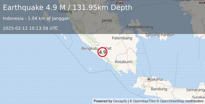 Earthquake Southern Sumatra, Indonesia (4.9 M) (2025-02-12 10:13:58 UTC)