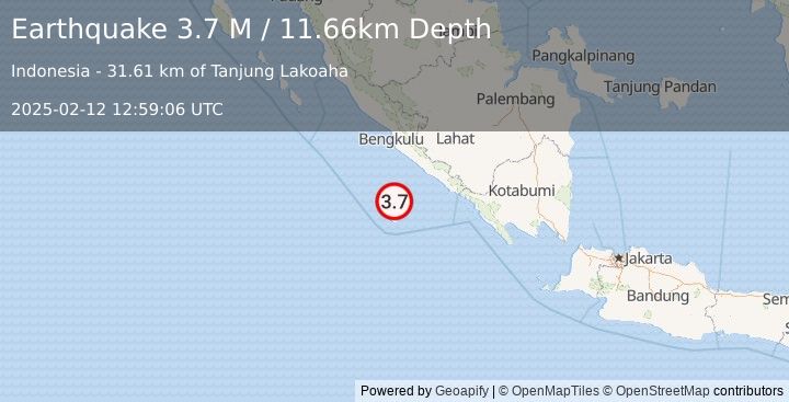 Earthquake Southern Sumatra, Indonesia (3.7 M) (2025-02-12 12:59:06 UTC)