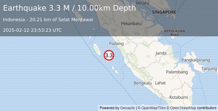 Earthquake Southern Sumatra, Indonesia (3.3 M) (2025-02-12 23:53:23 UTC)