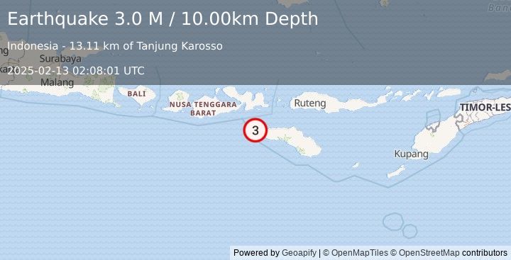 Earthquake Sumbawa Region, Indonesia (3.0 M) (2025-02-13 02:08:01 UTC)