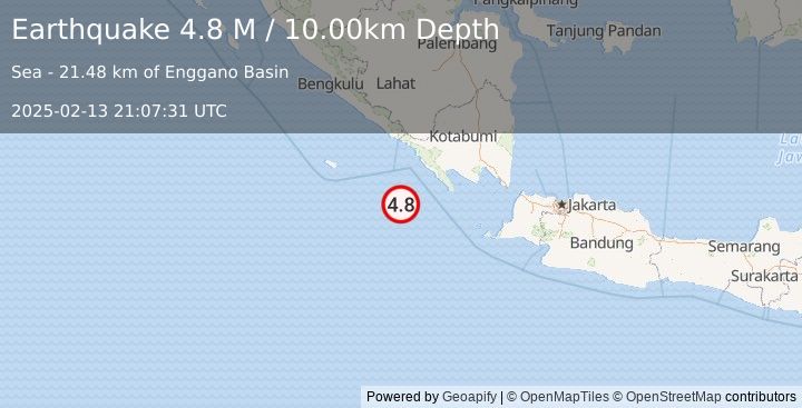 Earthquake Southwest of Sumatra, Indonesia (4.8 M) (2025-02-13 21:07:31 UTC)