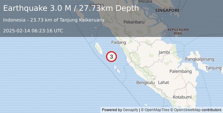 Earthquake Southern Sumatra, Indonesia (3.0 M) (2025-02-14 06:23:16 UTC)