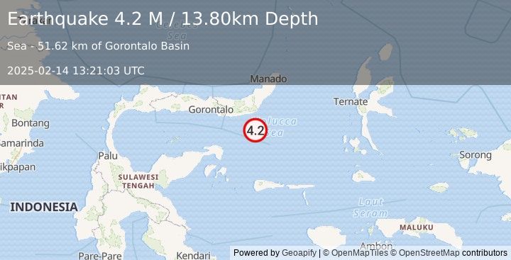 Earthquake Southern Molucca Sea (4.2 M) (2025-02-14 13:21:03 UTC)