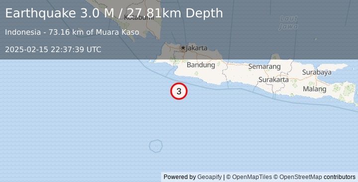 Earthquake South of Java, Indonesia (3.0 M) (2025-02-15 22:37:39 UTC)