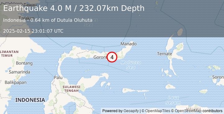 Earthquake Minahassa Peninsula, Sulawesi (4.0 M) (2025-02-15 23:01:07 UTC)