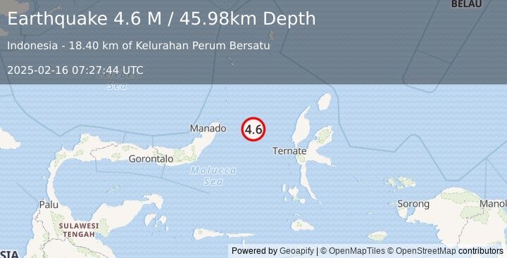 Earthquake Northern Molucca Sea (4.6 M) (2025-02-16 07:27:44 UTC)