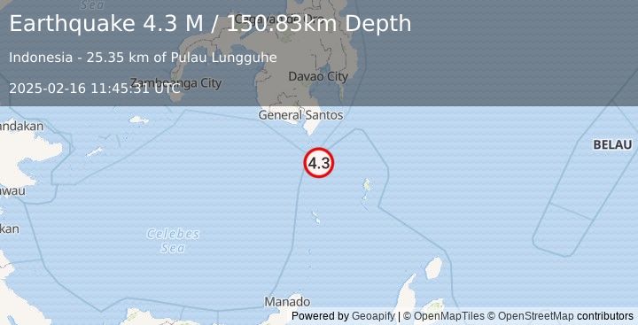 Earthquake Talaud Islands, Indonesia (4.3 M) (2025-02-16 11:45:31 UTC)