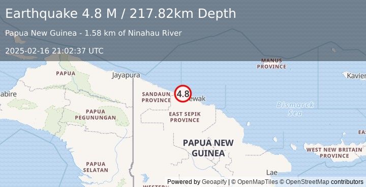 Earthquake Near North Coast of Papua New Guinea (4.8 M) (2025-02-16 21:02:37 UTC)