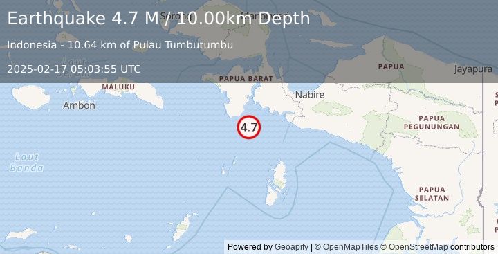 Earthquake West Papua Region, Indonesia (4.7 M) (2025-02-17 05:03:55 UTC)