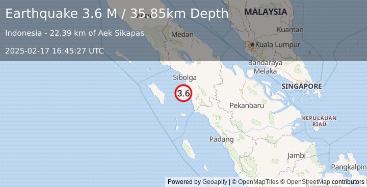 Earthquake Northern Sumatra, Indonesia (3.6 M) (2025-02-17 16:45:27 UTC)