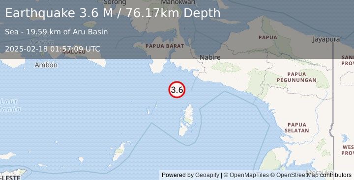 Earthquake West Papua Region, Indonesia (3.6 M) (2025-02-18 01:57:09 UTC)