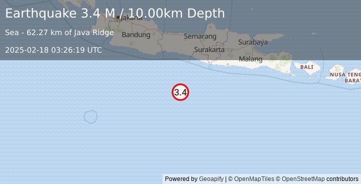 Earthquake South of Java, Indonesia (3.4 M) (2025-02-18 03:26:19 UTC)