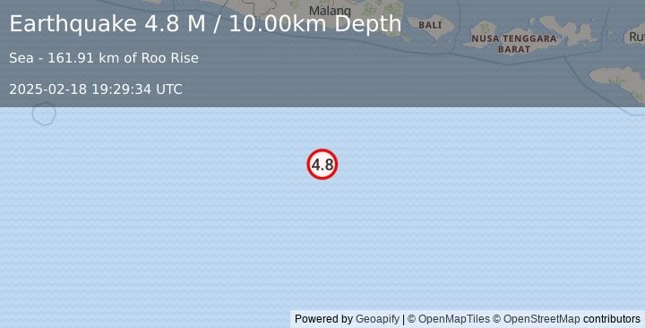 Earthquake South of Java, Indonesia (4.8 M) (2025-02-18 19:29:34 UTC)