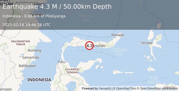 Earthquake Minahassa Peninsula, Sulawesi (4.3 M) (2025-02-18 19:46:26 UTC)