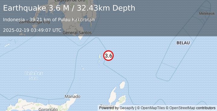 Earthquake Talaud Islands, Indonesia (3.6 M) (2025-02-19 03:49:07 UTC)