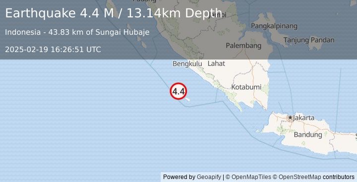 Earthquake Southwest of Sumatra, Indonesia (4.4 M) (2025-02-19 16:26:51 UTC)