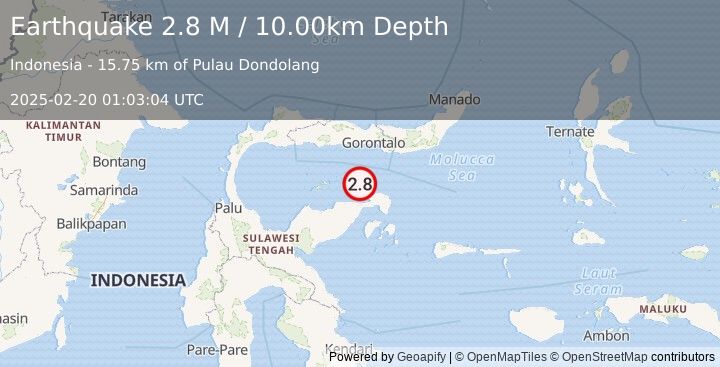 Earthquake Minahassa Peninsula, Sulawesi (2.8 M) (2025-02-20 01:03:04 UTC)