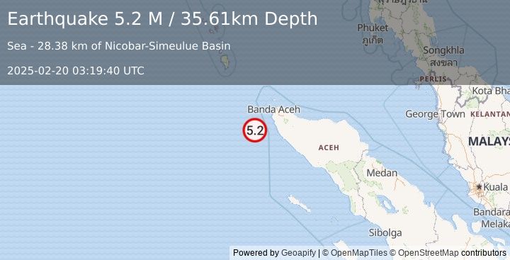 Earthquake Off West Coast of Northern Sumatra (5.2 M) (2025-02-20 03:19:39 UTC)