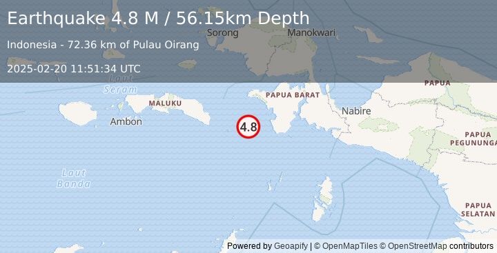 Earthquake West Papua Region, Indonesia (4.8 M) (2025-02-20 11:51:34 UTC)