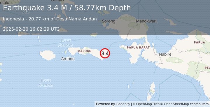 Earthquake Seram, Indonesia (3.4 M) (2025-02-20 16:02:29 UTC)