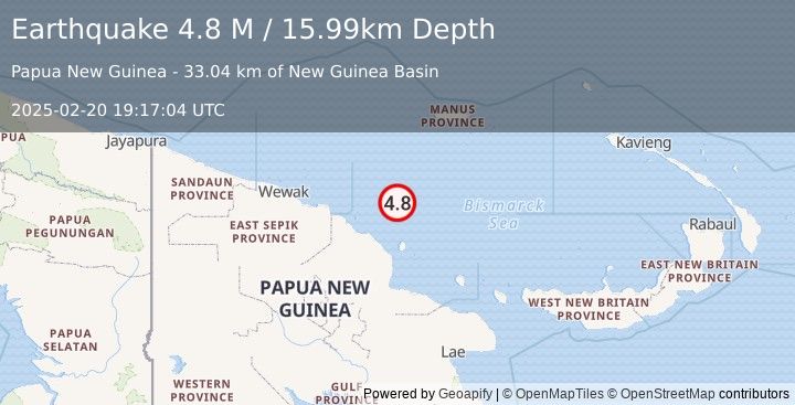 Earthquake Near North Coast of Papua New Guinea (4.8 M) (2025-02-20 19:17:04 UTC)