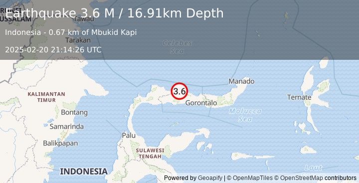 Earthquake Minahassa Peninsula, Sulawesi (3.6 M) (2025-02-20 21:14:26 UTC)