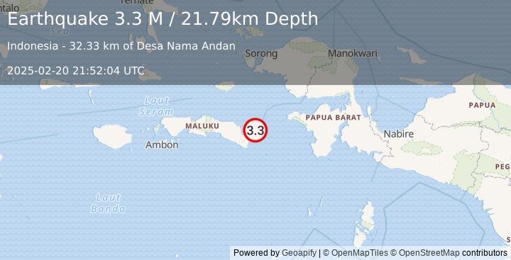 Earthquake West Papua Region, Indonesia (3.3 M) (2025-02-20 21:52:04 UTC)