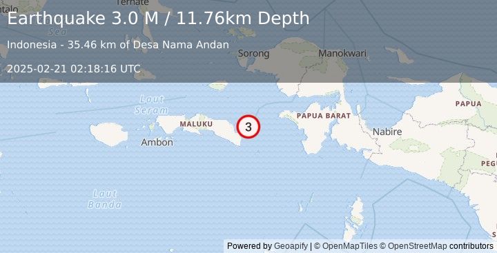 Earthquake West Papua Region, Indonesia (3.0 M) (2025-02-21 02:18:16 UTC)