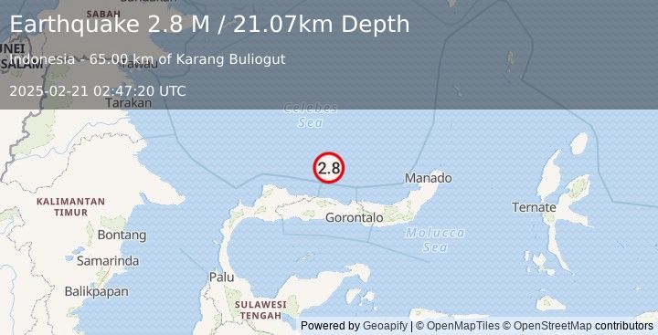 Earthquake Minahassa Peninsula, Sulawesi (2.8 M) (2025-02-21 02:47:20 UTC)