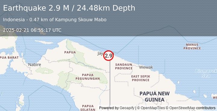 Earthquake Near North Coast of West Papua (2.9 M) (2025-02-21 06:55:17 UTC)