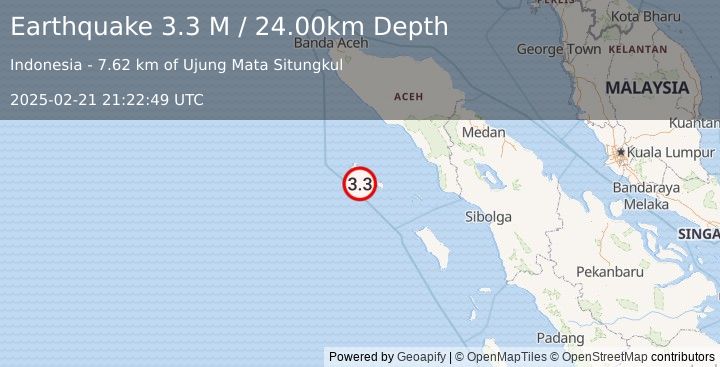 Earthquake Off West Coast of Northern Sumatra (3.3 M) (2025-02-21 21:22:49 UTC)