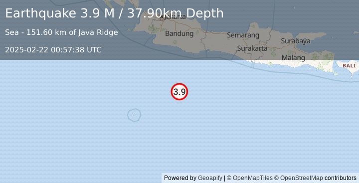 Earthquake South of Java, Indonesia (3.9 M) (2025-02-22 00:57:38 UTC)