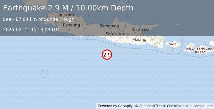 Earthquake South of Java, Indonesia (2.9 M) (2025-02-22 04:16:03 UTC)