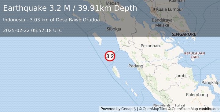 Earthquake Southern Sumatra, Indonesia (3.2 M) (2025-02-22 05:57:17 UTC)