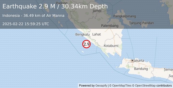 Earthquake Southern Sumatra, Indonesia (2.9 M) (2025-02-22 15:59:25 UTC)