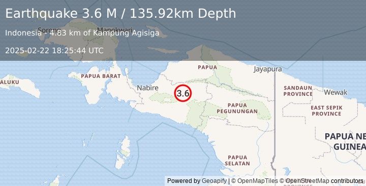 Earthquake West Papua, Indonesia (3.6 M) (2025-02-22 18:25:44 UTC)