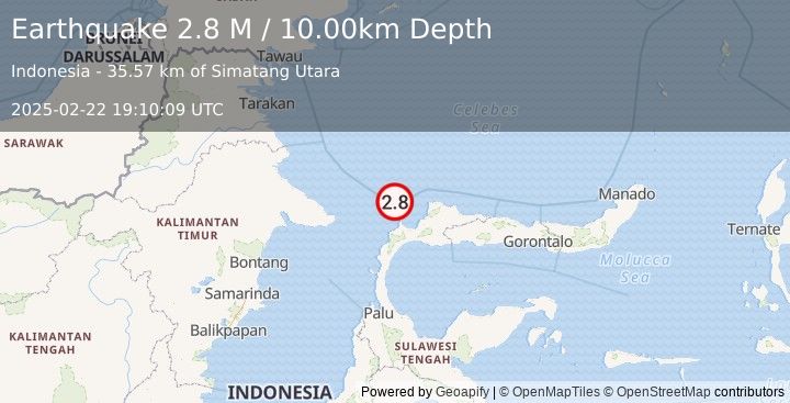 Earthquake Minahassa Peninsula, Sulawesi (2.8 M) (2025-02-22 19:10:09 UTC)