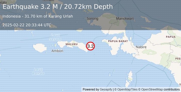 Earthquake West Papua Region, Indonesia (3.2 M) (2025-02-22 20:33:44 UTC)