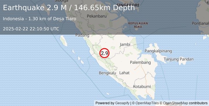 Earthquake Southern Sumatra, Indonesia (2.9 M) (2025-02-22 22:10:50 UTC)