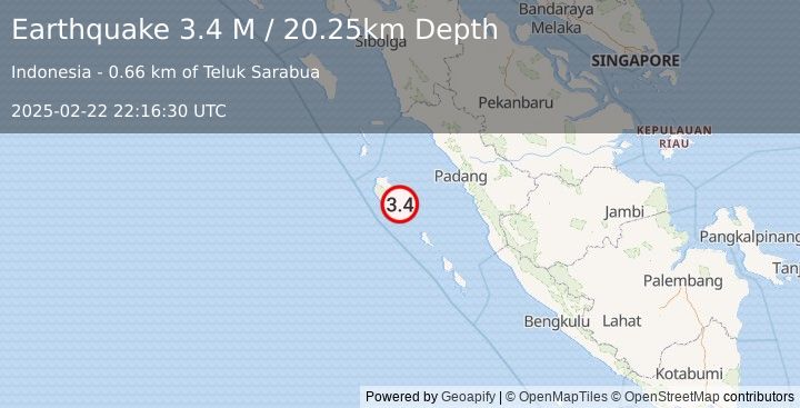 Earthquake Southern Sumatra, Indonesia (3.4 M) (2025-02-22 22:16:30 UTC)