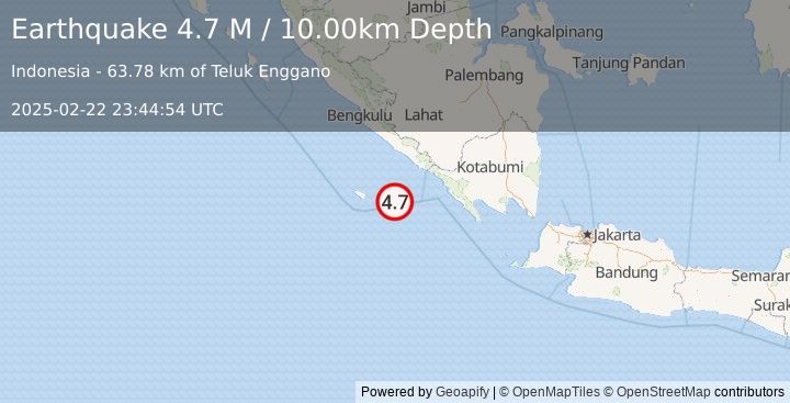 Earthquake Southern Sumatra, Indonesia (4.7 M) (2025-02-22 23:44:54 UTC)