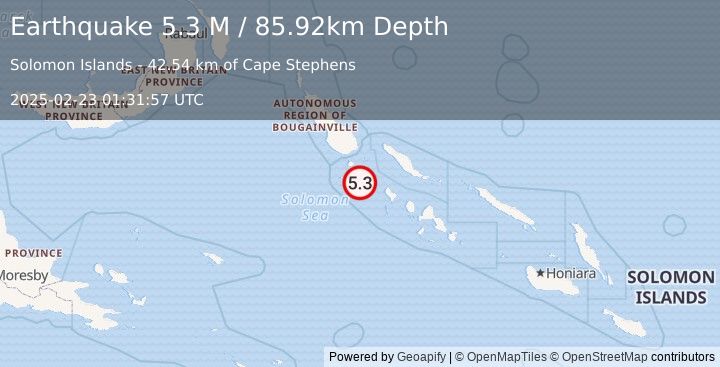 Earthquake Solomon Islands (5.3 M) (2025-02-23 01:31:57 UTC)