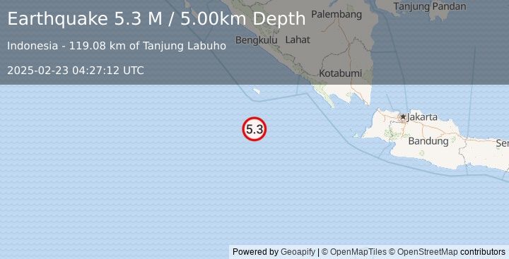 Earthquake Southwest of Sumatra, Indonesia (5.3 M) (2025-02-23 04:27:12 UTC)